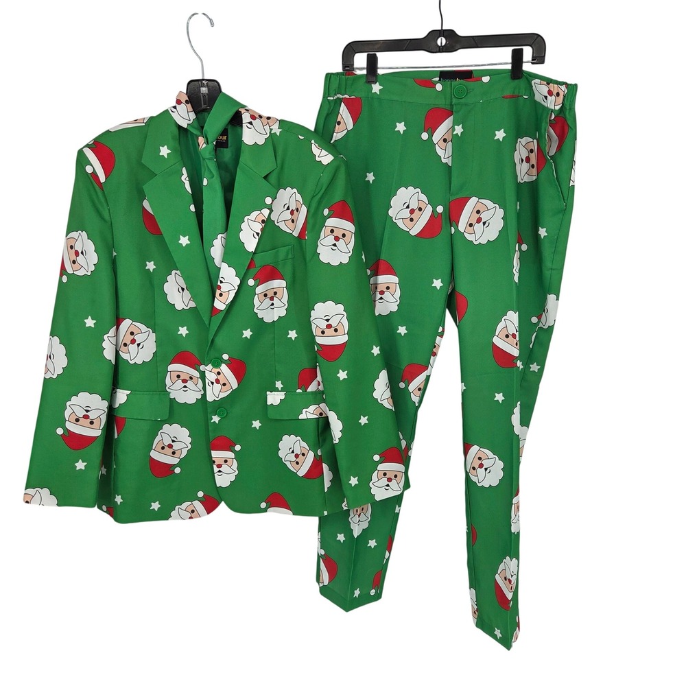 Happy Hour Men's Green Santa Print Suit Set Blazer Pants & Tie Christmas